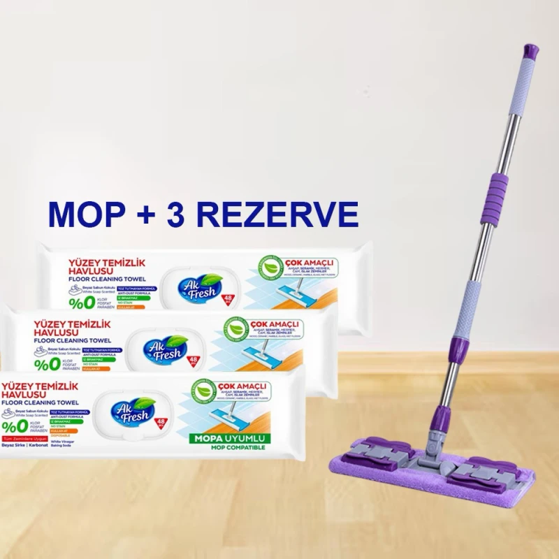 Pachet promo Mop plat Pony coada telescopica + 3 Pachete Lavete umede pardoseli sapun alb si bicarbonat AK Fresh 48buc